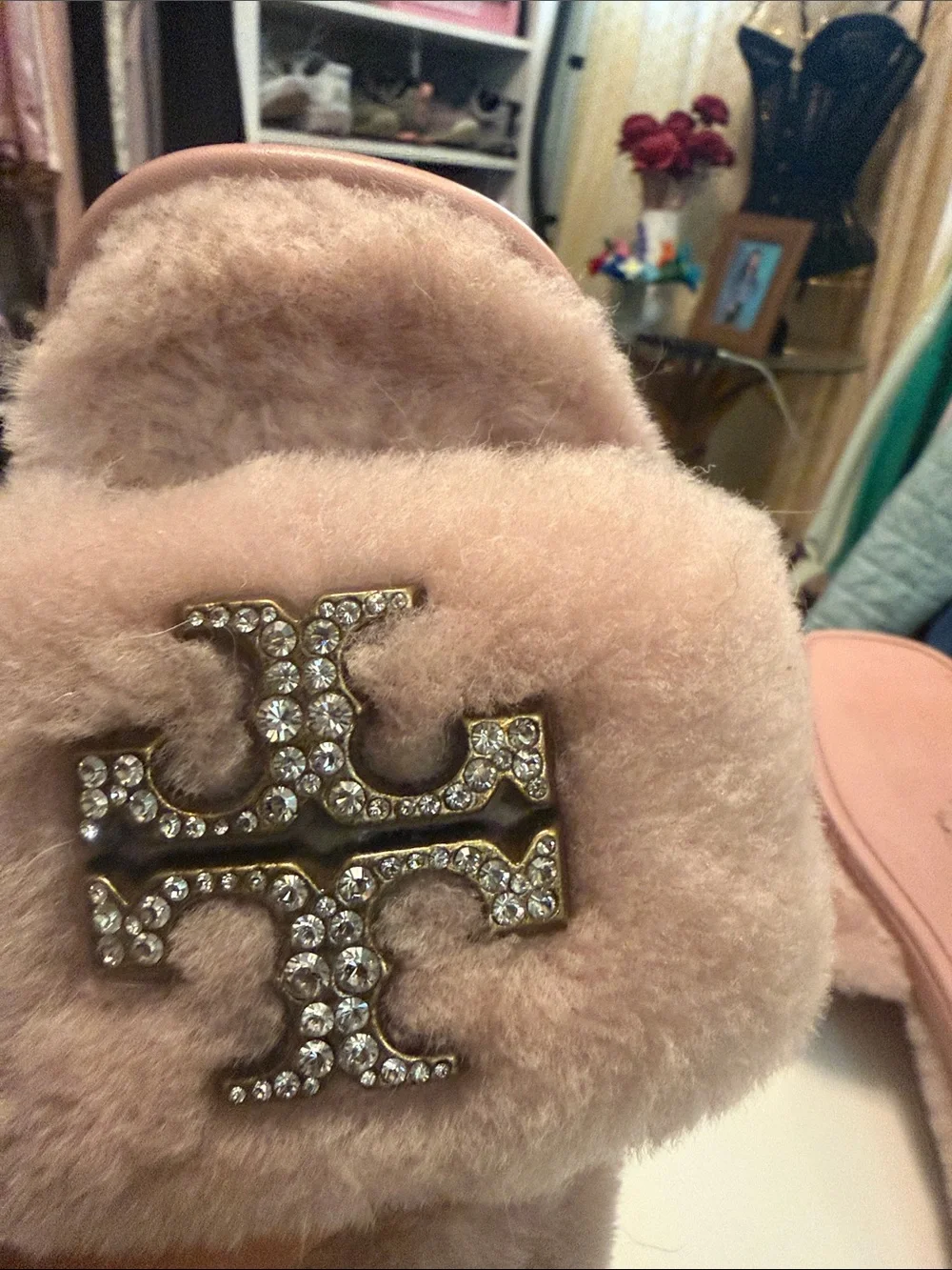 Tory Burch Embellished Pink Faux-Fur Slide Sandals